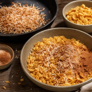 Toasted coconut mixed with crushed cornflakes and cinnamon sugar
