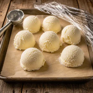 Vanilla ice cream scoops on a parchment-lined tray