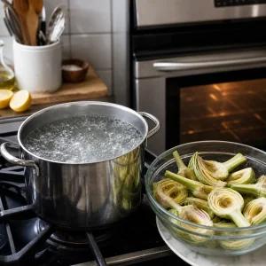 Une casserole d'eau bouillante avec des artichauts préparés à côté