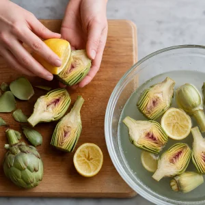 Artichauts coupés en deux frottés au citron près d'un saladier d'eau citronnée