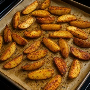 Baked potato wedges golden brown and crispy on a parchment-lined sheet pan