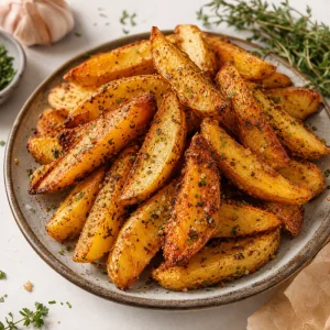 Crispy garlic and herb seasoned potato wedges served hot