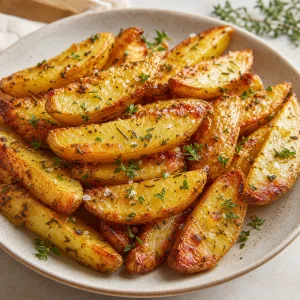Hot crispy garlic herb potato wedges served immediately with coarse salt