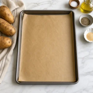 Parchment-lined baking sheet ready for garlic herb potato wedges