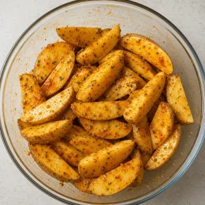 Raw potato wedges tossed in garlic herb oil and spice mixture