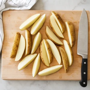 Scrubbed potatoes cut into even wedges on a cutting board