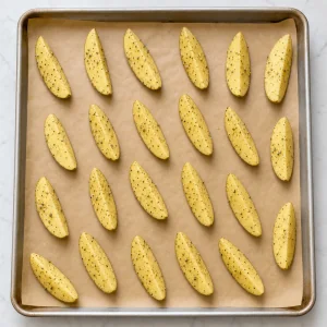 Seasoned potato wedges spaced apart on a parchment-lined baking sheet