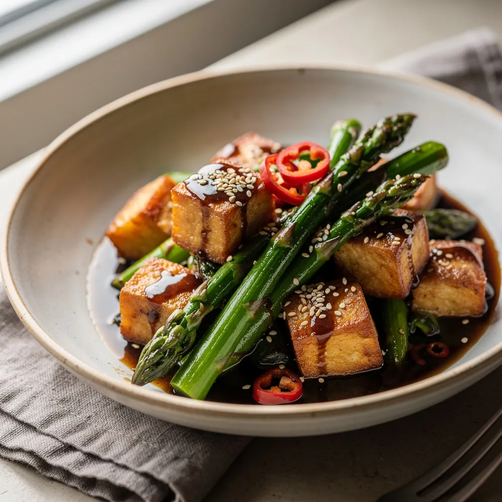A bowl of crispy tofu and sautéed asparagus with a glossy ginger-soy glaze