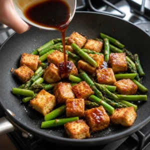 Crispy tofu returned to the skillet with asparagus as ginger-soy sauce is poured over.