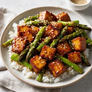 Finished crispy ginger-soy tofu and sautéed asparagus served over steamed rice with sesame seeds.