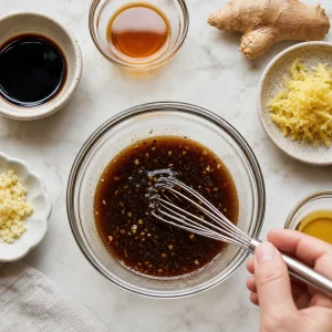 Ginger-soy glaze whisked with maple syrup, sesame oil, garlic, and fresh ginger.
