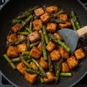 Tofu and asparagus tossed together in a thick glossy ginger-soy glaze.