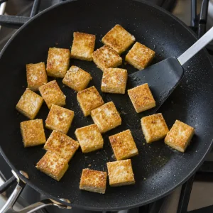 Tofu cubes frying in a single layer until golden brown and crisp on all sides.