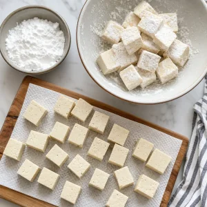 Tofu cubes patted dry and evenly dusted with cornstarch before frying.