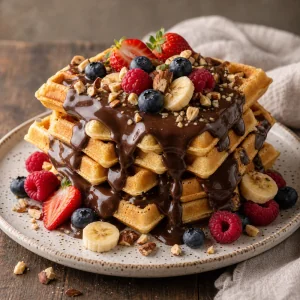 Knusprige Waffeln mit Schokoladensauce, Beeren, Banane und Nüssen