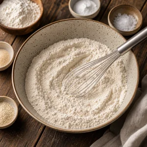 Trockene glutenfreie Waffelzutaten in einer Schüssel verquirlt