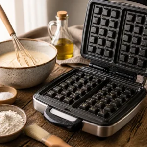 Geöltes Waffeleisen bereit für glutenfreien Teig