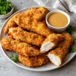 Crispy golden breaded chicken tenderloins with dipping sauce