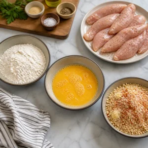 Three bowl dredging station with flour beaten eggs and seasoned panko