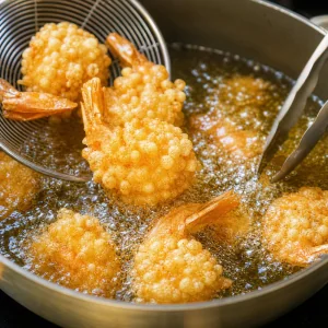 Garnelen im Teigmantel frittieren in sprudelnd heißem Öl, bis sie aufgegangen, knusprig und goldbraun sind.