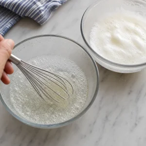 Schaumiges Eiweiß wird in eiskaltes Sprudelwasser für einen leichten Garnelenteig gerührt.