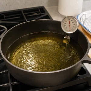 Pflanzenöl erhitzt sich in einem tiefen Topf mit einem Thermometer bei 350°F.