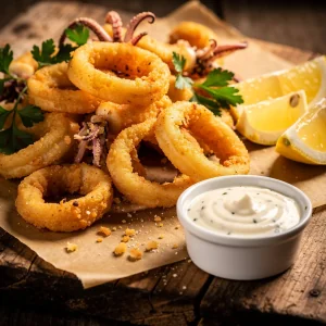 A heap of golden brown crispy fried calamari rings served with lemon wedges and a side of dipping sauce