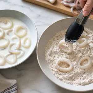 Calamari rings dipped in buttermilk and coated in seasoned flour.