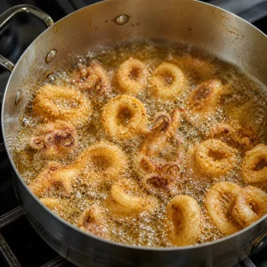 Calamari rings frying in bubbling oil until golden brown and crisp.