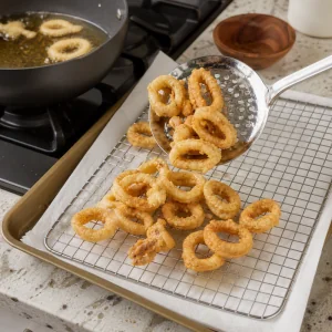 Golden fried calamari draining on a wire rack after being lifted from the oil.