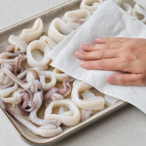 Raw calamari rings being patted dry with paper towels before coating.
