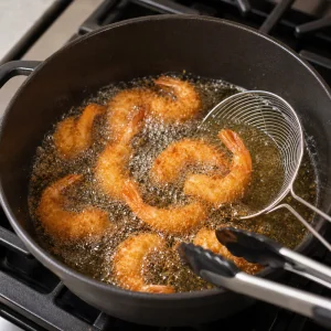 Breaded shrimp frying in bubbling hot oil until golden brown