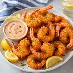 Crispy golden fried shrimp served with lemon wedges and zesty dipping sauce