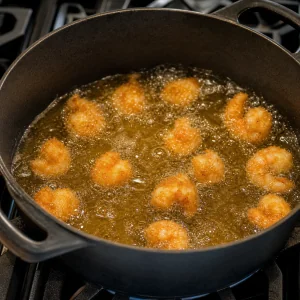 Breaded popcorn shrimp frying in bubbling hot oil until golden.