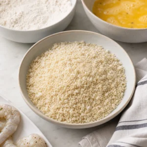 Coarse Panko breadcrumbs in the third breading bowl.