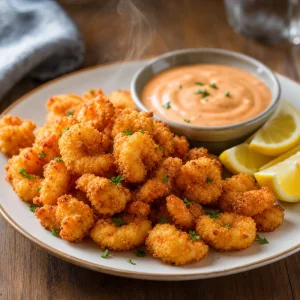 Hot crispy popcorn shrimp served with spicy sauce and lemon wedges.