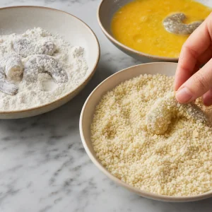 Shrimp pressed into Panko breadcrumbs after flour and egg coating.