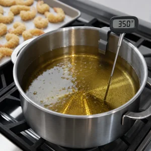 Vegetable oil heating in a pot with a thermometer at 350 degrees.