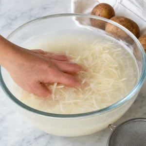 Shredded potatoes rinsed in cold water to release excess starch