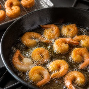 Cornstarch-coated shrimp frying in bubbling oil until golden and crisp.