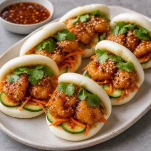 Crispy honey garlic shrimp mini bao buns served warm on a platter.