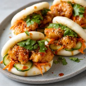 Finished crispy honey garlic shrimp mini bao buns with pickled cucumber, carrots, cilantro, and sesame seeds.