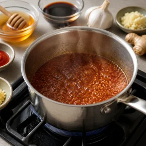 Honey, soy sauce, garlic, ginger, and sriracha simmering into a glossy glaze.