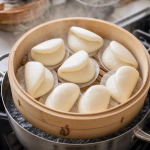 Mini bao buns steaming in a bamboo basket until puffed and soft.