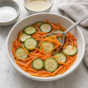 Sliced cucumbers and shredded carrots quick-pickling in rice vinegar and sugar.