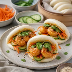 Warm mini bao buns filled with glazed shrimp, pickled slaw, cilantro, and sesame seeds.