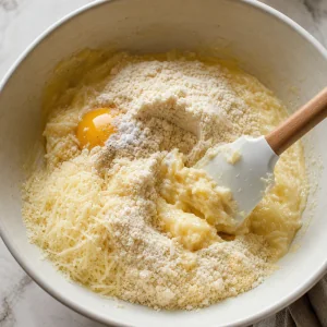 Almond flour and egg mixed into sticky cheese dough