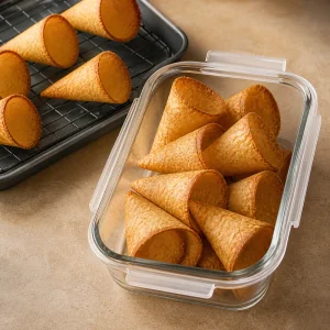 Baked keto cones stored in a clear airtight container