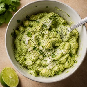 Chunky avocado filling mashed with sour cream and cilantro