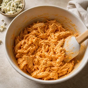 Creamy buffalo chicken filling mixed in a bowl